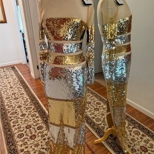 Retrofete Gold and Silver Sequin Long Sleeve Dress